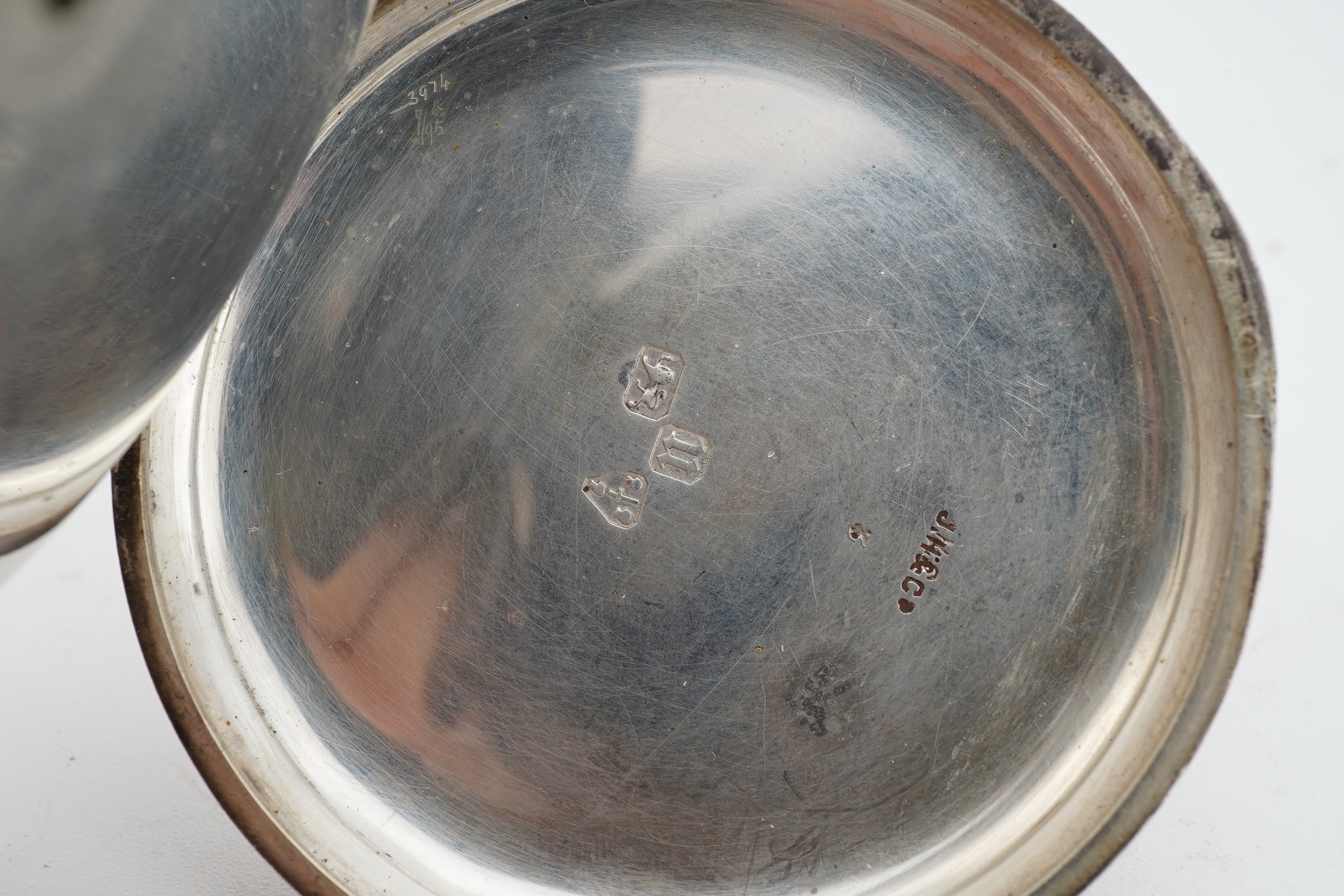 A late Victorian silver open faced keywind chronograph pocket watch, by J. Hargreaves & Co of Liverpool, with Roman dial, case diameter 54mm, together with a metal albert.